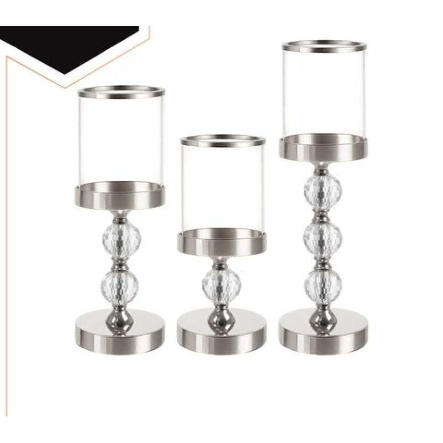 Set 3 Sfeșnice Decorative cu Cristale, Înălțimi 18 / 34,5 / 41 cm, Argintiu / Transparent