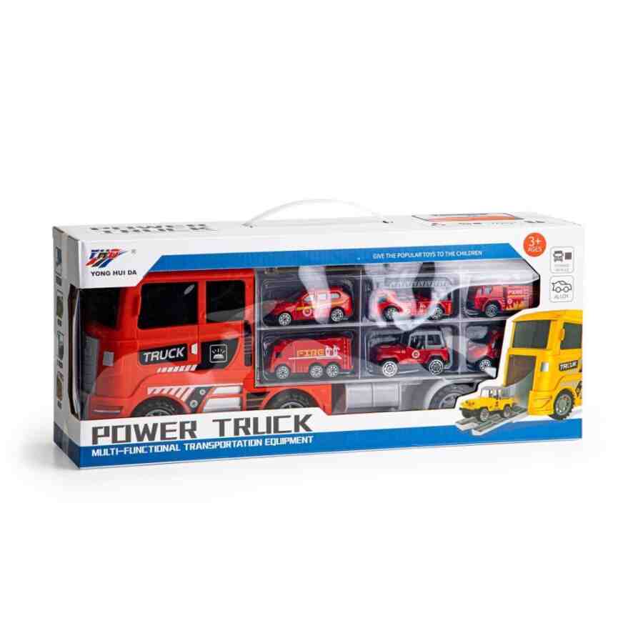 Set Camion Transportor cu 6 Masinute de Pompieri,TIR Truck 41 cm,3+ Ani - MAXY