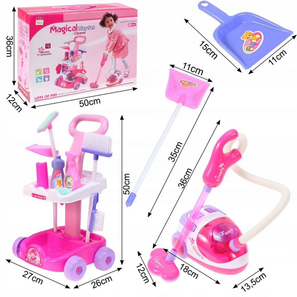 Set Curățenie Copii cu Aspirator, Mătură, Făraș și Accesorii, Roz - MAXY
