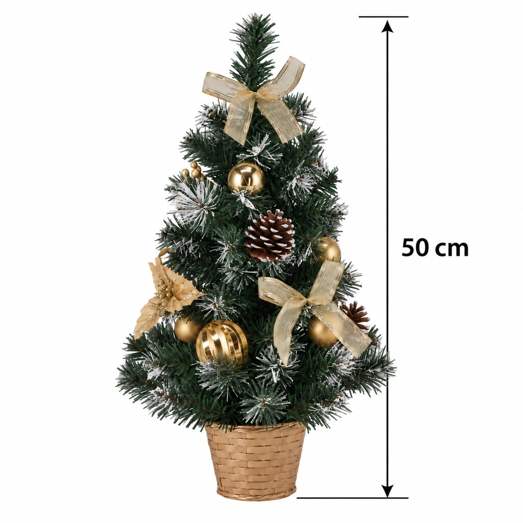 Brăduț Artificial de Crăciun cu Decorațiuni Aurii și Vârfuri Albe, Înălțime 50 cm - MAXY