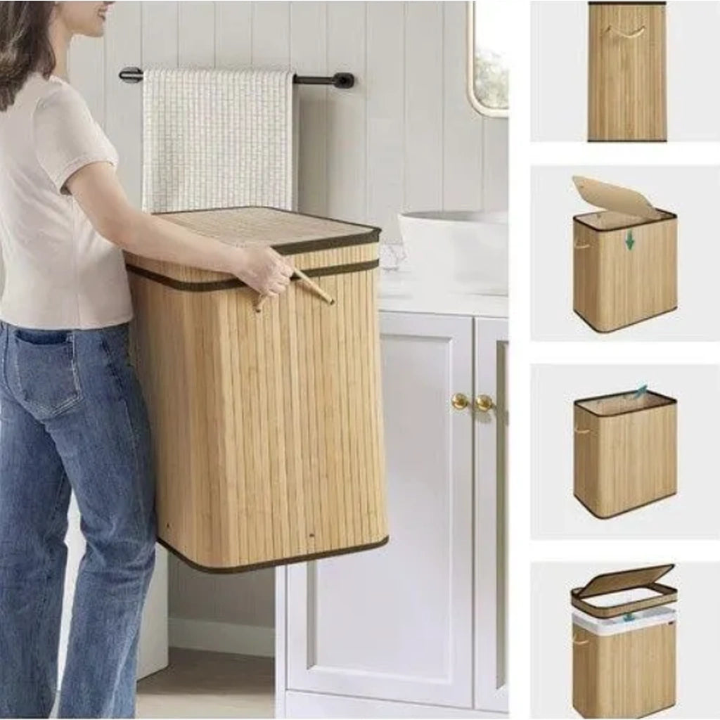 Coș de Rufe din Bambus cu 2 Compartimente, Capacitate 100L