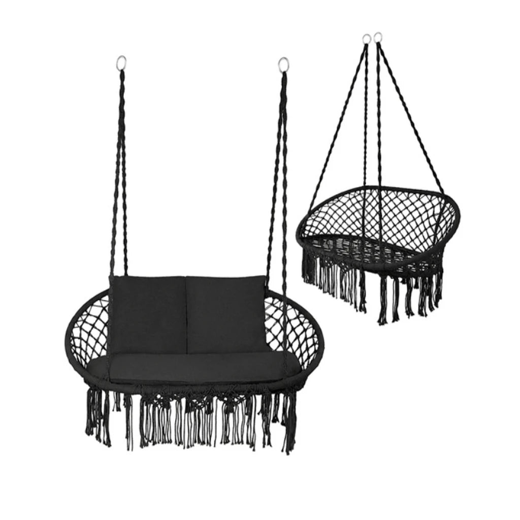 Leagan Tip Cuib Suspendat Dublu, Negru, Cu 3 Perne