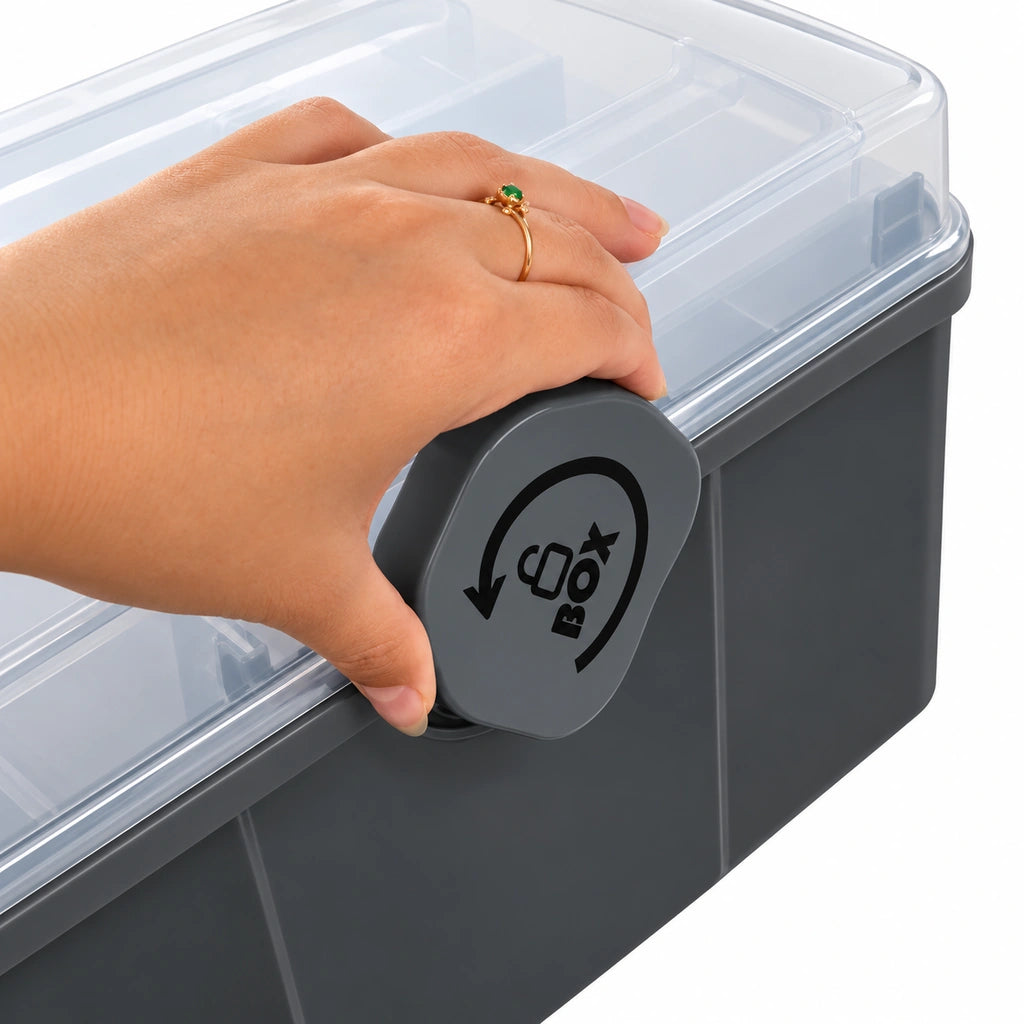 Organizator Pentru Medicamente, 32 x 22,5 x 19 cm, Compartimente Rabatabile, Capac Transparent, Gri