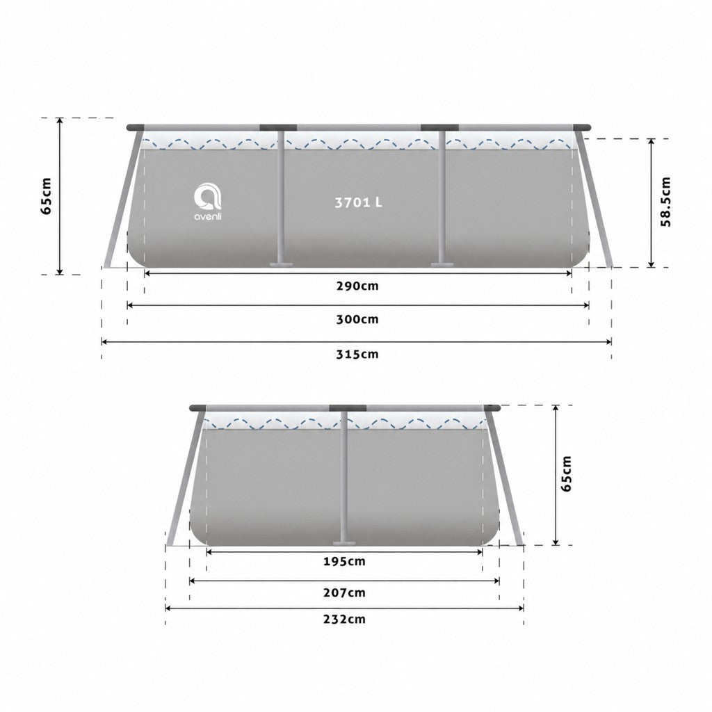 Piscina Dreptunghiulara Avenli 300x207x65 cm cu Cadru Metalic si Pompa de Filtrare Inclusa, Gri