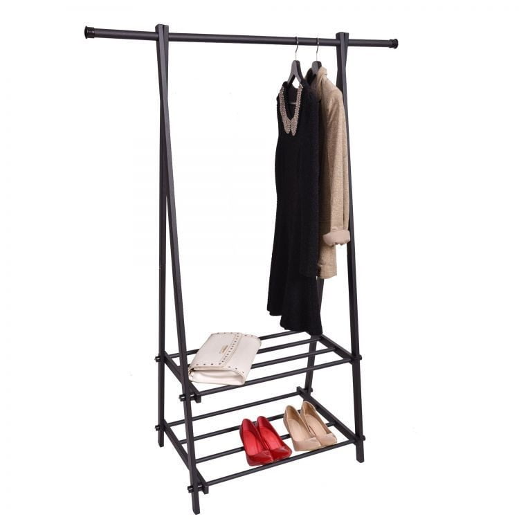 Cuier pentru Haine cu 2 Rafturi pentru Încălțăminte, 150 cm, Negru