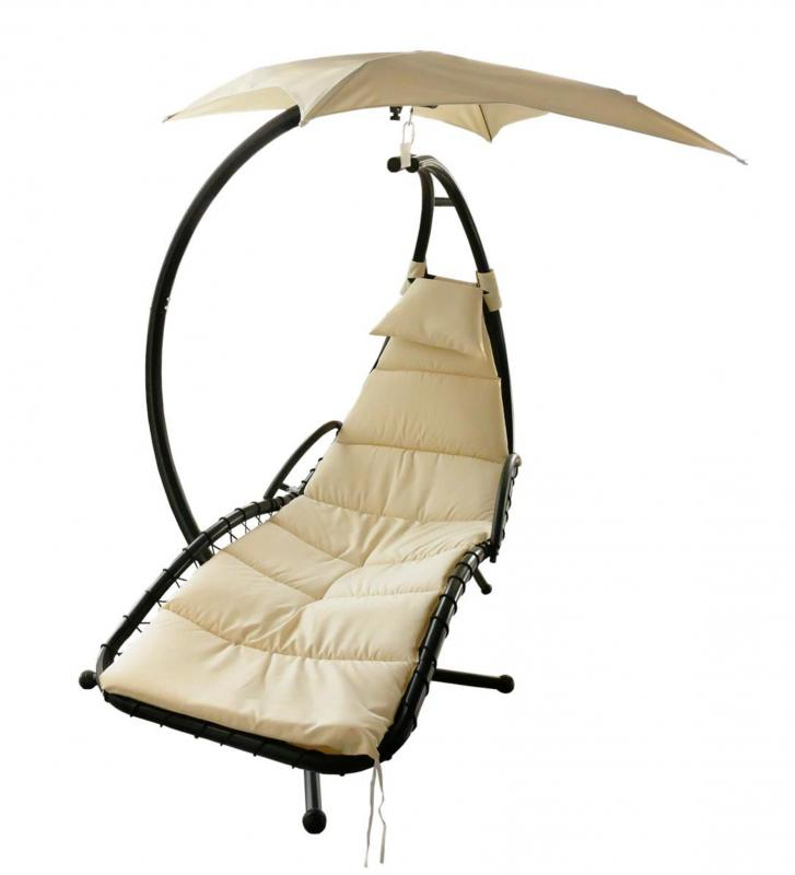 Balansoar Tip Șezlong cu Umbrelă, Saltea și Periniță Confortabilă, Negru/Bej
