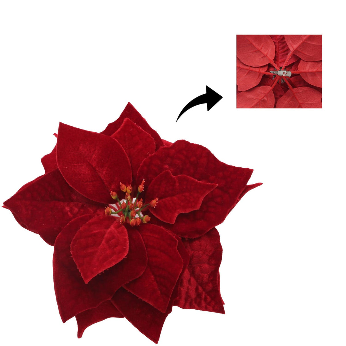 Decorațiune de Crăciun pentru Brad, Floare din Catifea Roșie 25 cm, cu Clips - MAXY