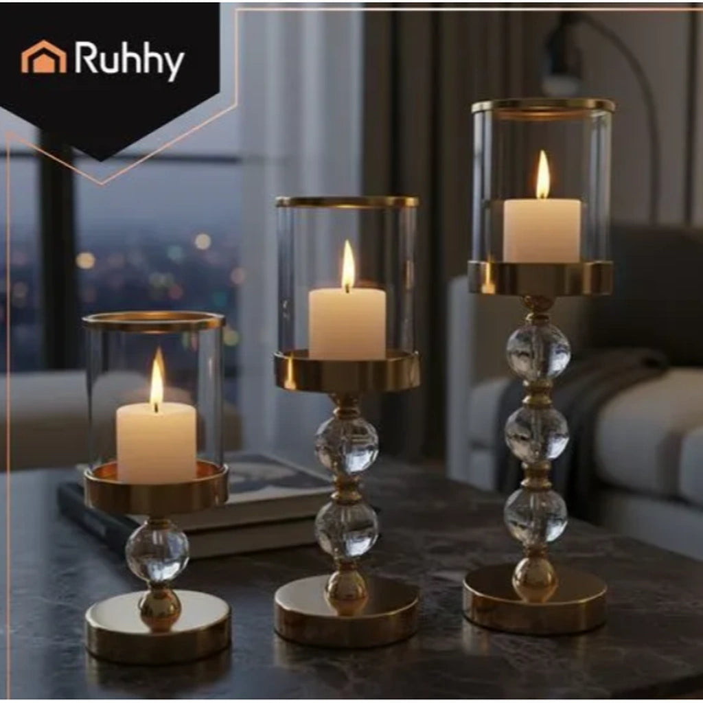 Set 3 Sfeșnice Aurii cu Cristale Decorative pentru Lumânări