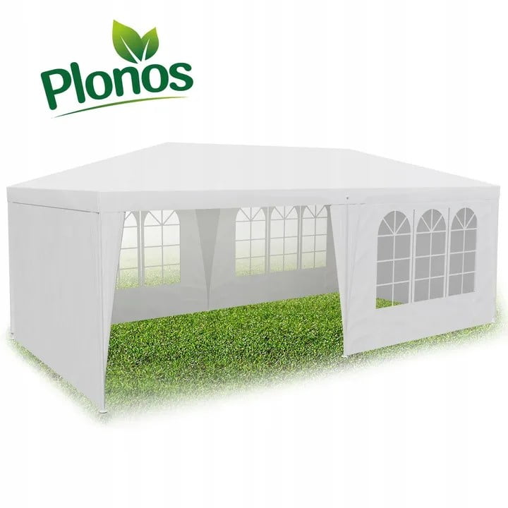 Pavilion de Grădină 3 x 6 m cu 6 Pereți Laterali și Ferestre, Plonos, Alb