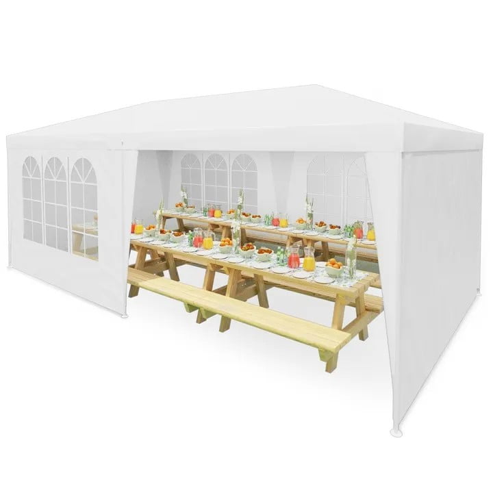 Pavilion de Grădină 3 x 6 m cu 6 Pereți Laterali și Ferestre, Plonos, Alb