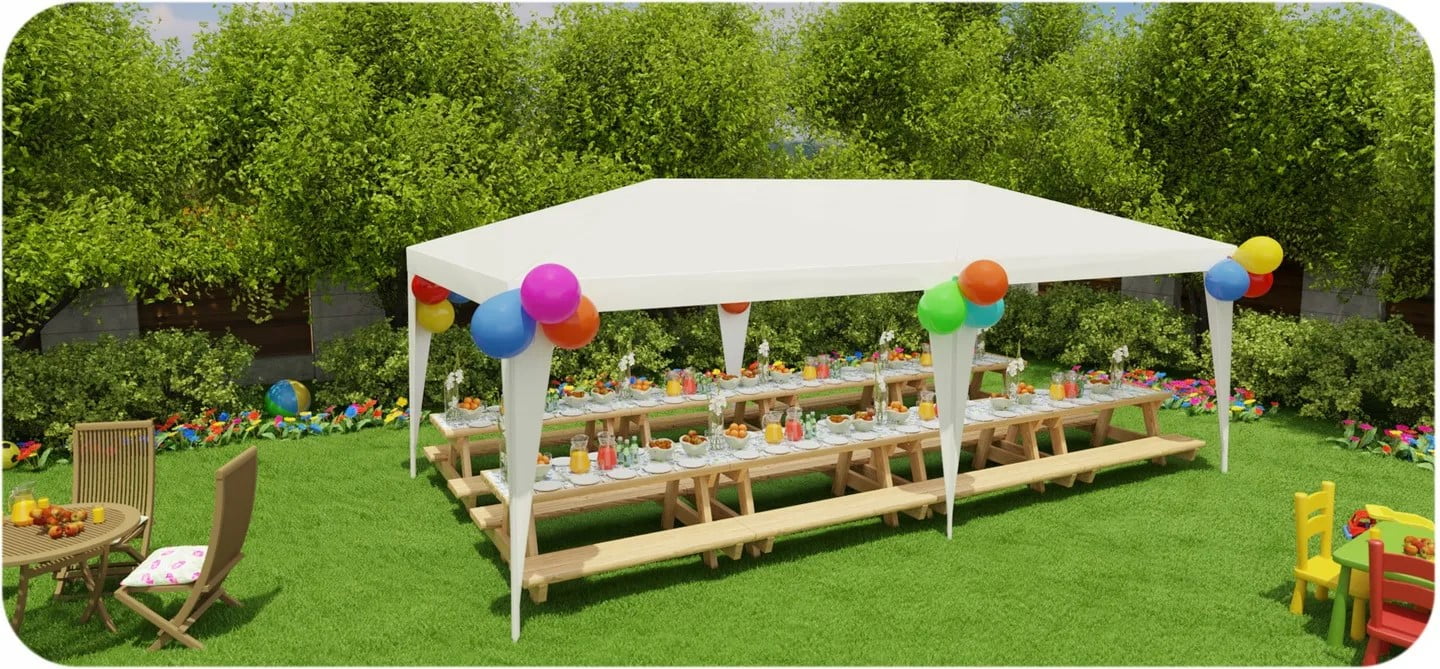 Pavilion de Grădină 3 x 6 m cu 6 Pereți Laterali și Ferestre, Plonos, Alb