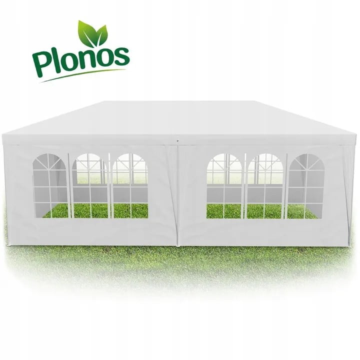 Pavilion de Grădină 3 x 6 m cu 6 Pereți Laterali și Ferestre, Plonos, Alb