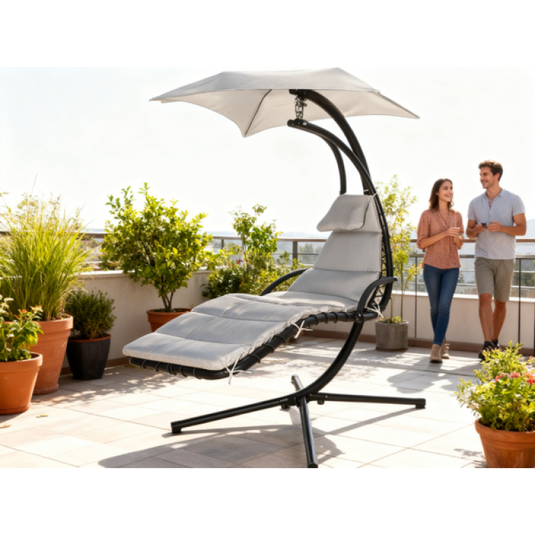 Balansoar Tip Șezlong cu Umbrelă și Saltea Negru/Gri - MAXY