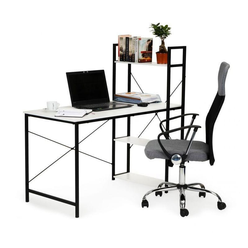 Birou Modern cu 4 Rafturi Laterale, Alb, Structură Lemn și Metal, 120 x 60 cm - MAXY