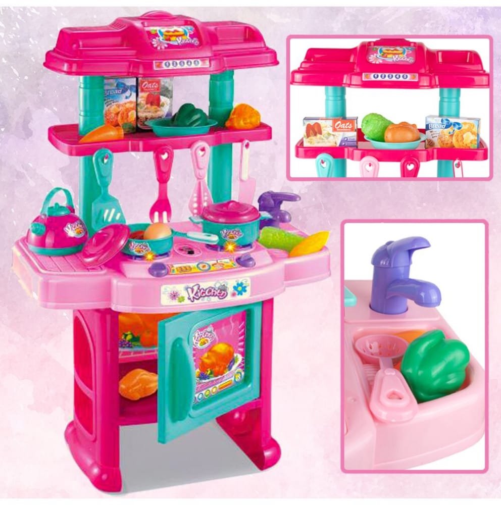 Set Bucatarie Pentru Copii Cu Sunete Si Lumini, 31 Piese, Roz-Turcoaz - MAXY