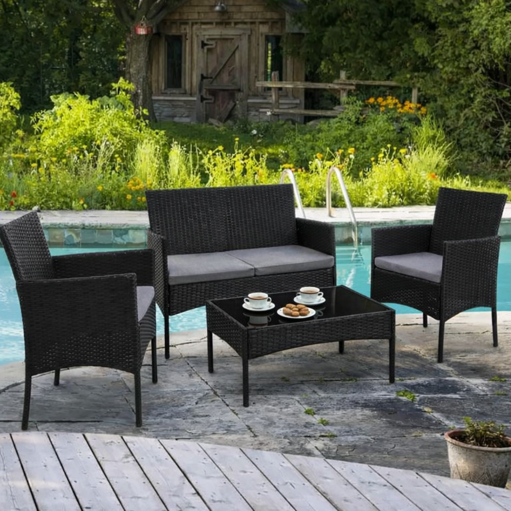 Set Masa De Gradina din Ratan, 1 Masa, 1 Canapea, 2 Fotolii, Culoare Negru - MAXY