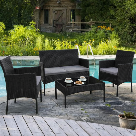 Set Masa De Gradina din Ratan, 1 Masa, 1 Canapea, 2 Fotolii, Culoare Negru - MAXY