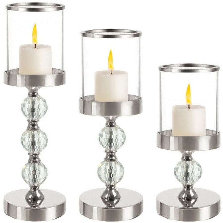 Set 3 Sfeșnice Decorative cu Cristale, Înălțimi 18 / 34,5 / 41 cm, Argintiu / Transparent