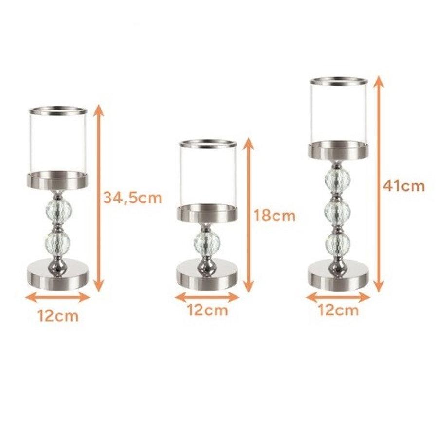 Set 3 Sfeșnice Decorative cu Cristale, Înălțimi 18 / 34,5 / 41 cm, Argintiu / Transparent