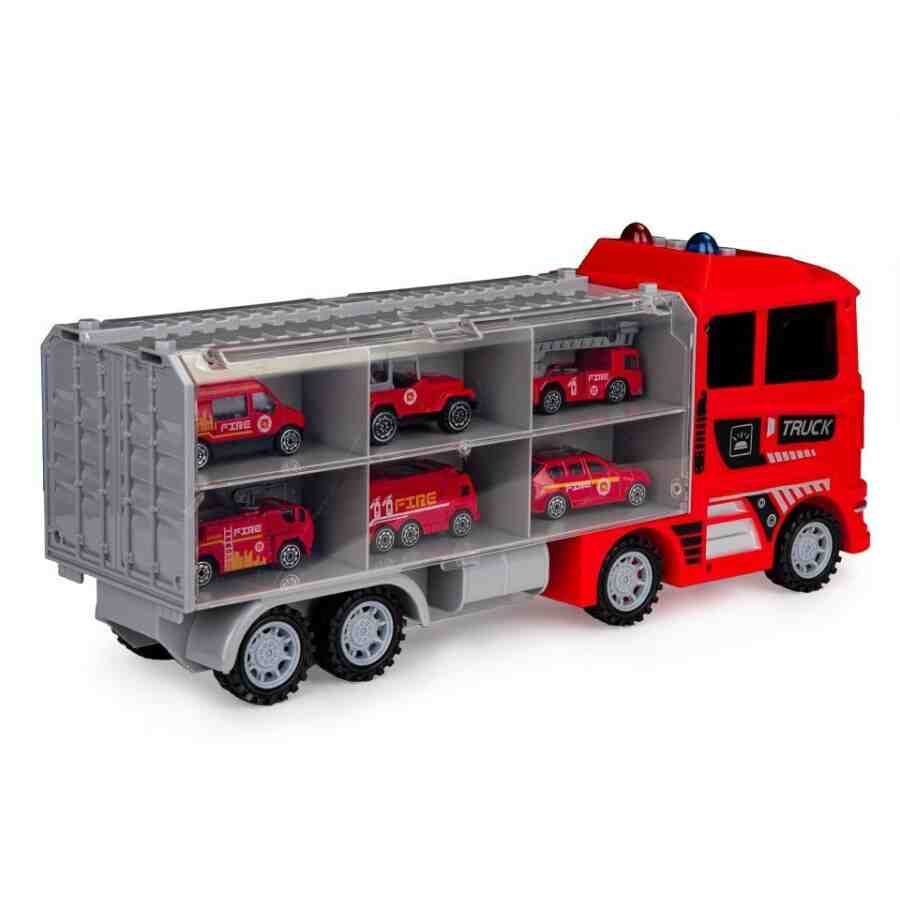 Set Camion Transportor cu 6 Masinute de Pompieri,TIR Truck 41 cm,3+ Ani - MAXY