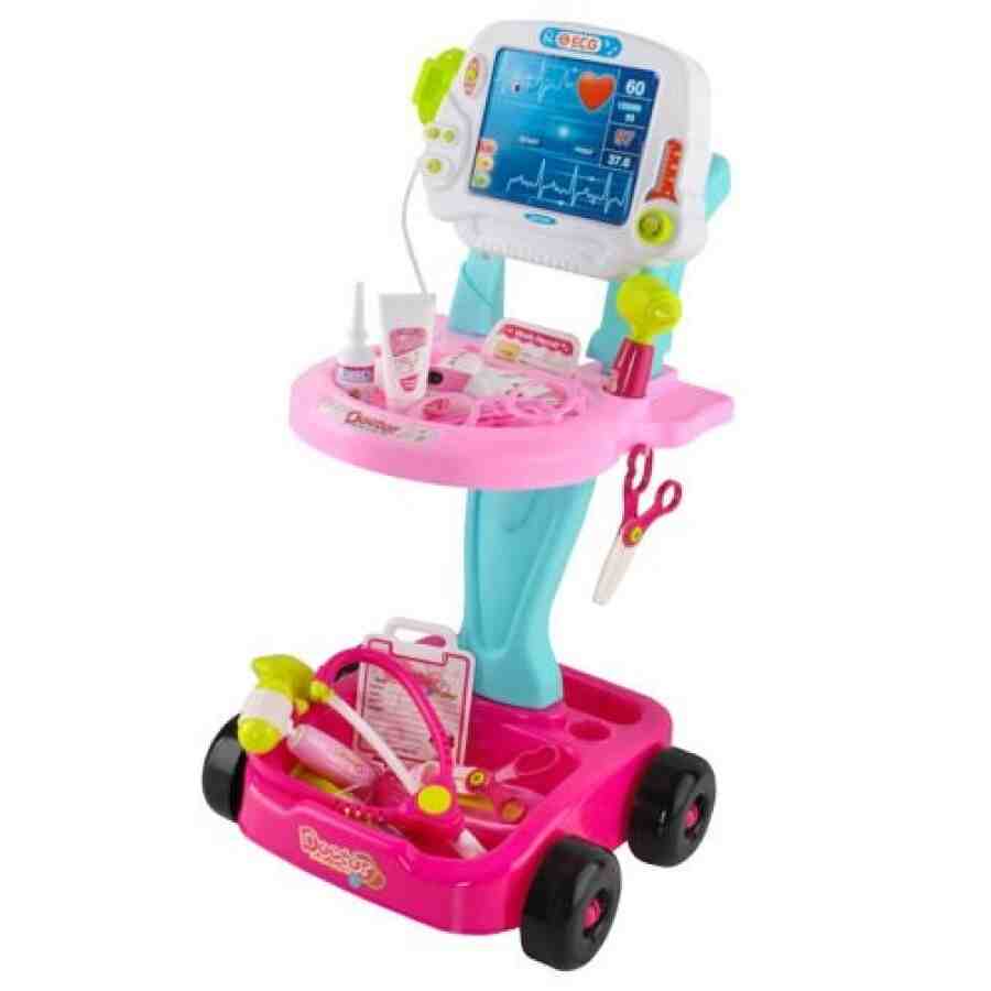 Set Doctor pentru Copii cu Cărucior și 18 Accesorii Medicale, Roz - MAXY
