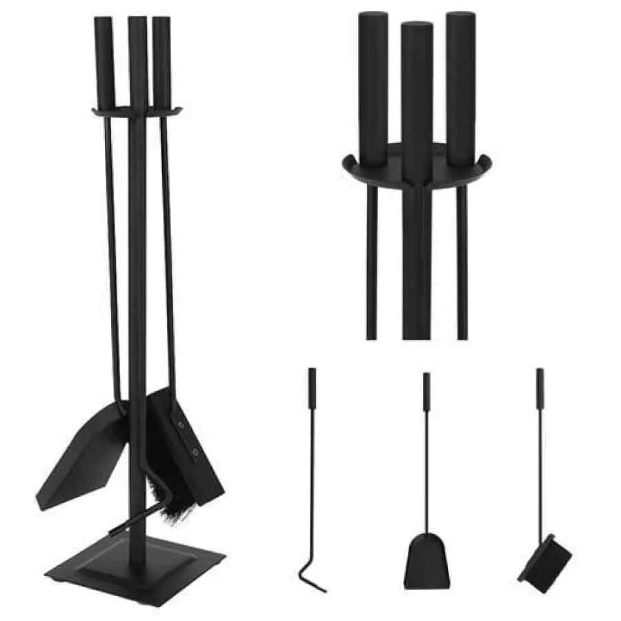 Unelte pentru Șemineu cu Suport și 3 Accesorii, din Oțel, Negru