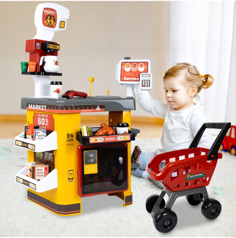 Set Supermarket pentru Copii cu Casă de Marcat, Scanner, Frigider și 54 Accesorii - MAXY