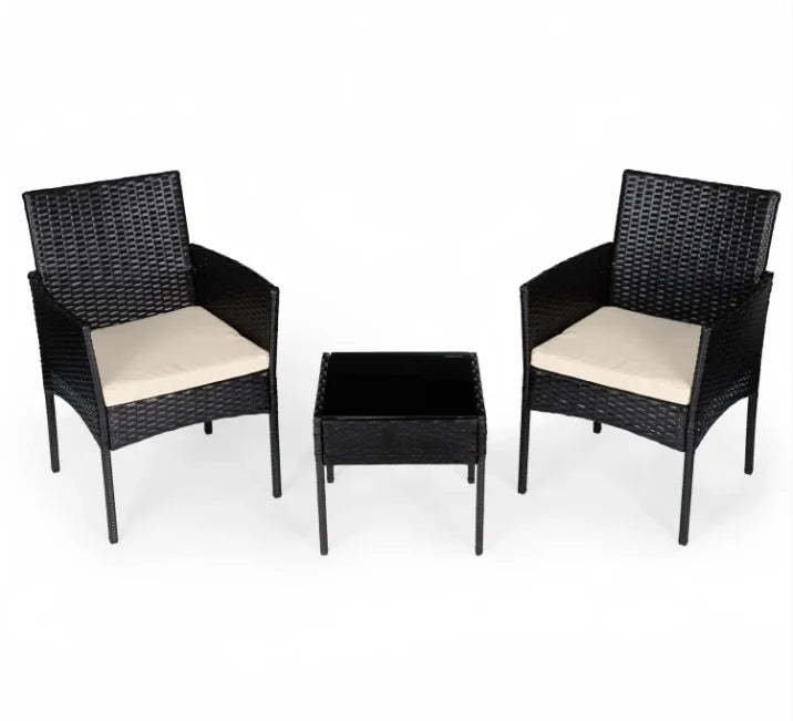 Set Mobilier de Grădină cu Masă și 2 Fotolii din Technoratan, Perne Crem, Negru