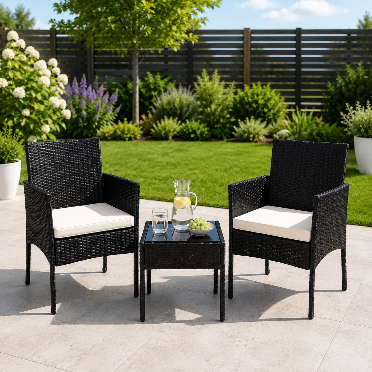 Set Mobilier de Grădină cu Masă și 2 Fotolii din Technoratan, Perne Crem, Negru