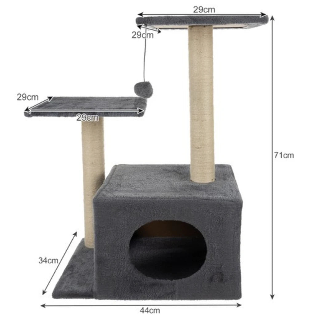 Ansamblu Pentru Pisici, Înălțime 71 cm, 4 Niveluri, Stâlpi Cu Sisal, Căsuță și Pat, Gri