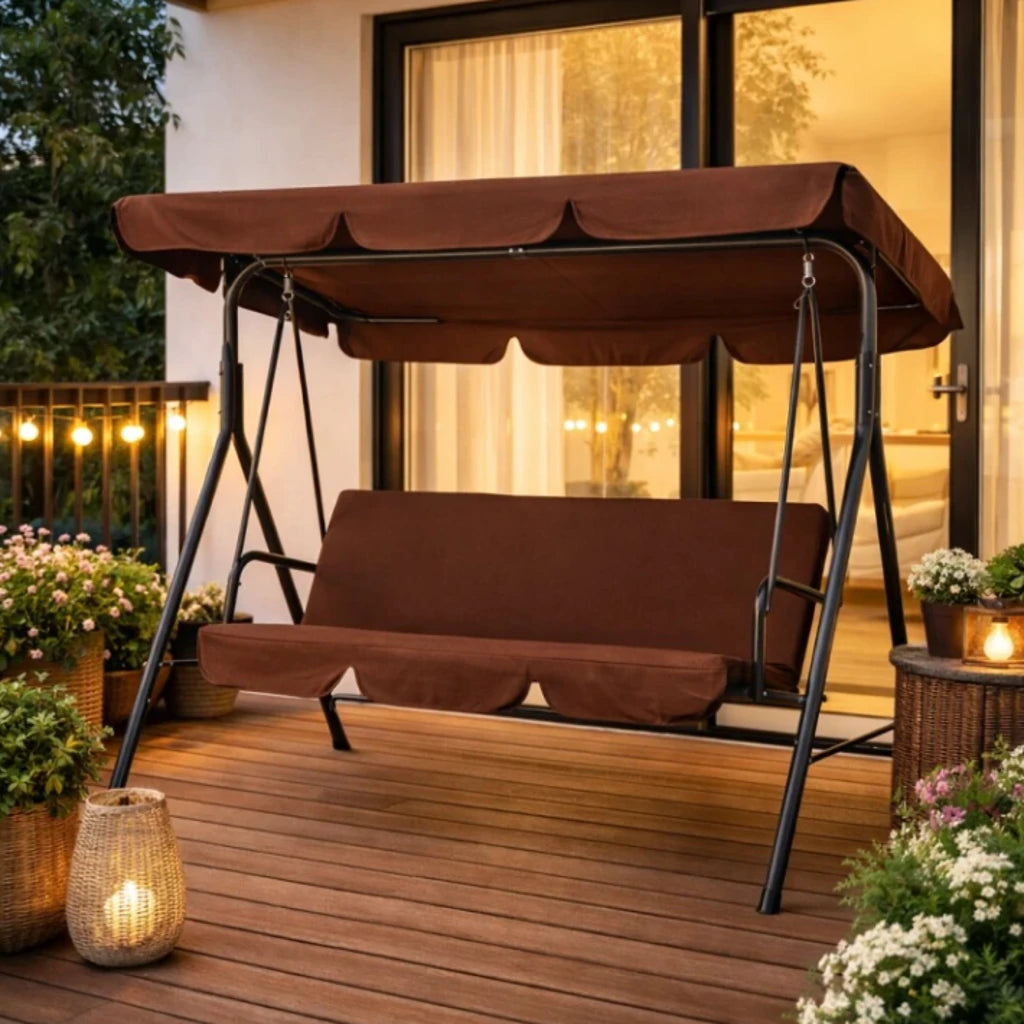 Balansoar de Grădină 3 Locuri cu Copertină Reglabilă, Maro, 172 x 112 x 151 cm - MAXY