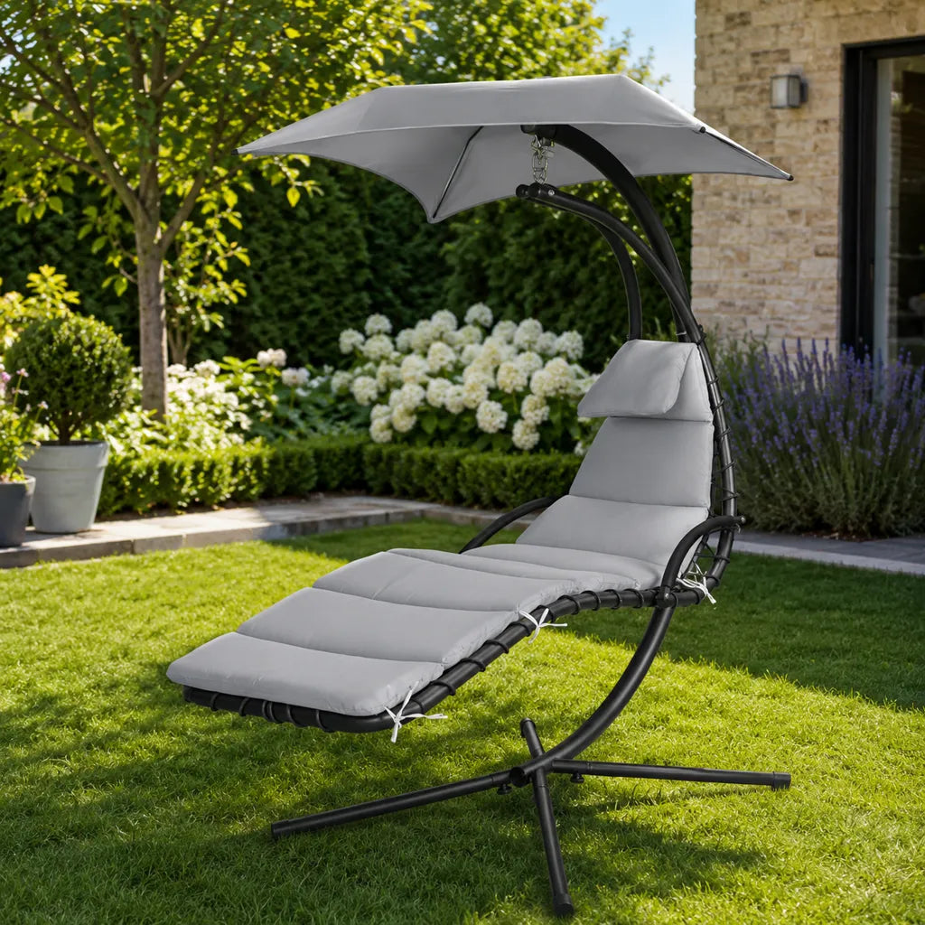 Balansoar Tip Șezlong cu Umbrelă și Saltea Negru/Gri - MAXY