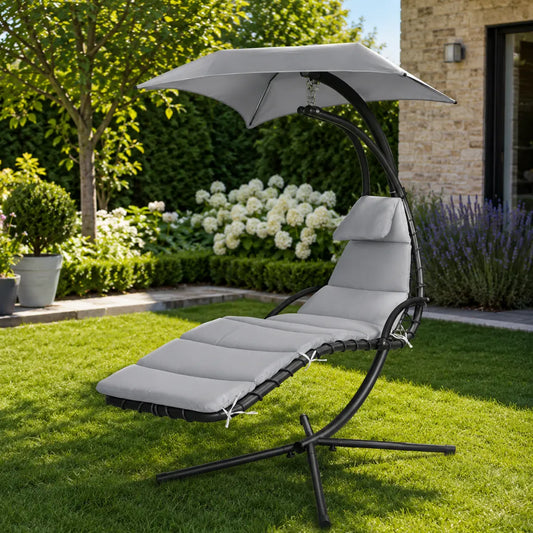Balansoar Tip Șezlong cu Umbrelă și Saltea Negru/Gri - MAXY