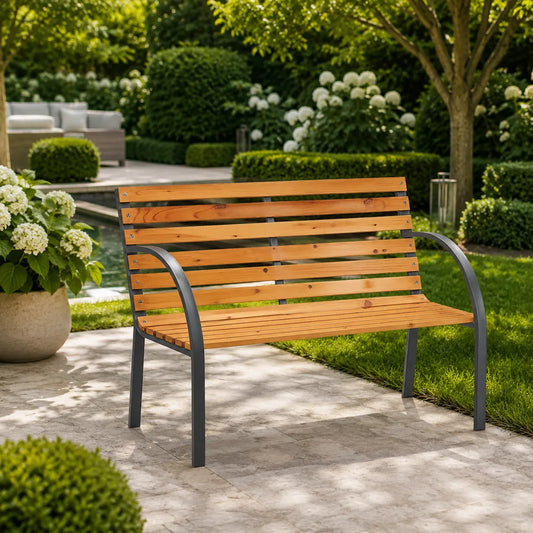 Bancă de Grădină din Lemn și Oțel 120 x 60 x 82 cm, Lemn Natural - MAXY