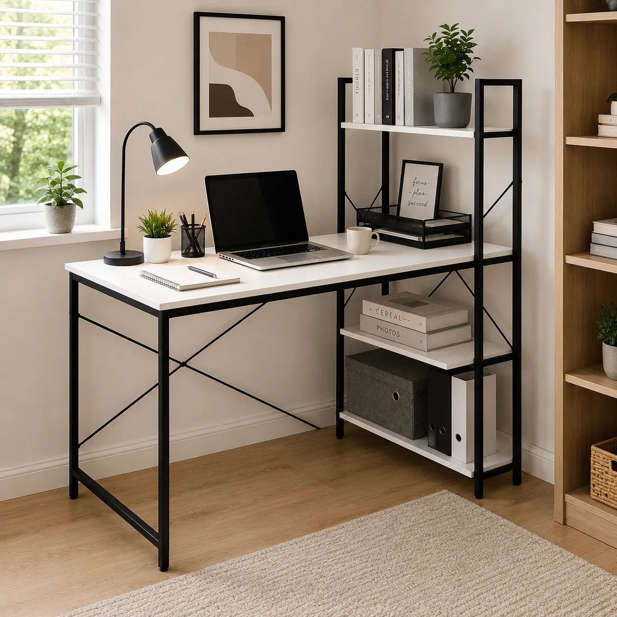 Birou Modern cu 4 Rafturi Laterale, Alb, Structură Lemn și Metal, 120 x 60 cm - MAXY