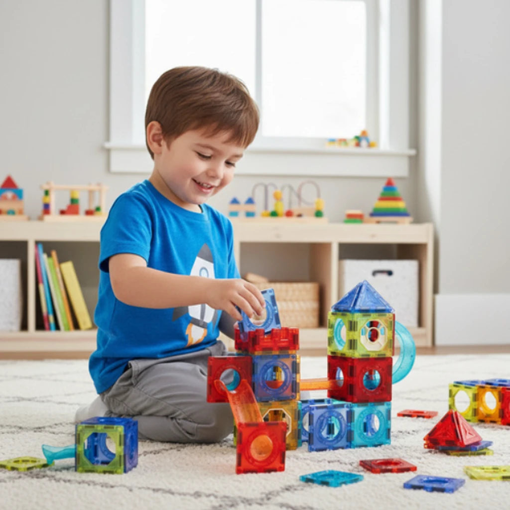 Set De Construcții Magnetice Cu Pistă Pentru Bile 3D, 96 Piese, Multicolor