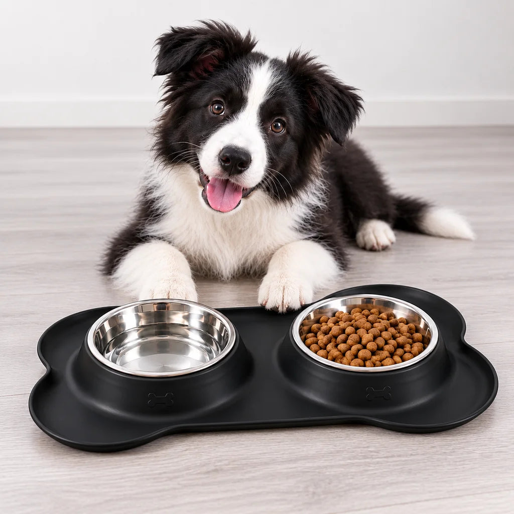 Bol Dublu pentru Animale, cu Suport din Silicon și 2x450ml Recipiente din Oțel - MAXY