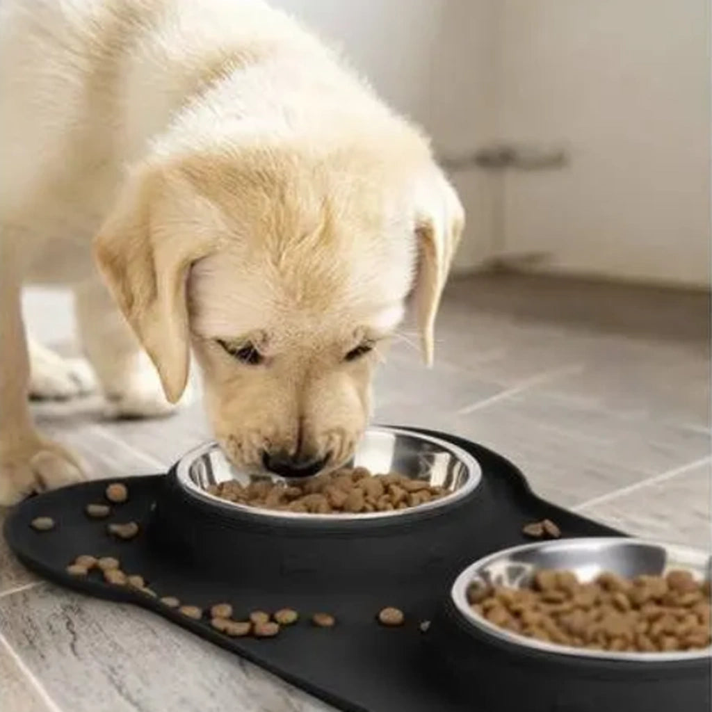 Bol Dublu pentru Animale, cu Suport din Silicon și 2x450ml Recipiente din Oțel - MAXY