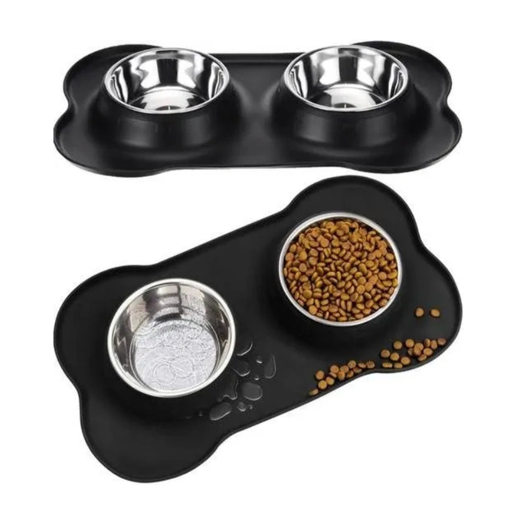 Bol Dublu pentru Animale, cu Suport din Silicon și 2x450ml Recipiente din Oțel - MAXY