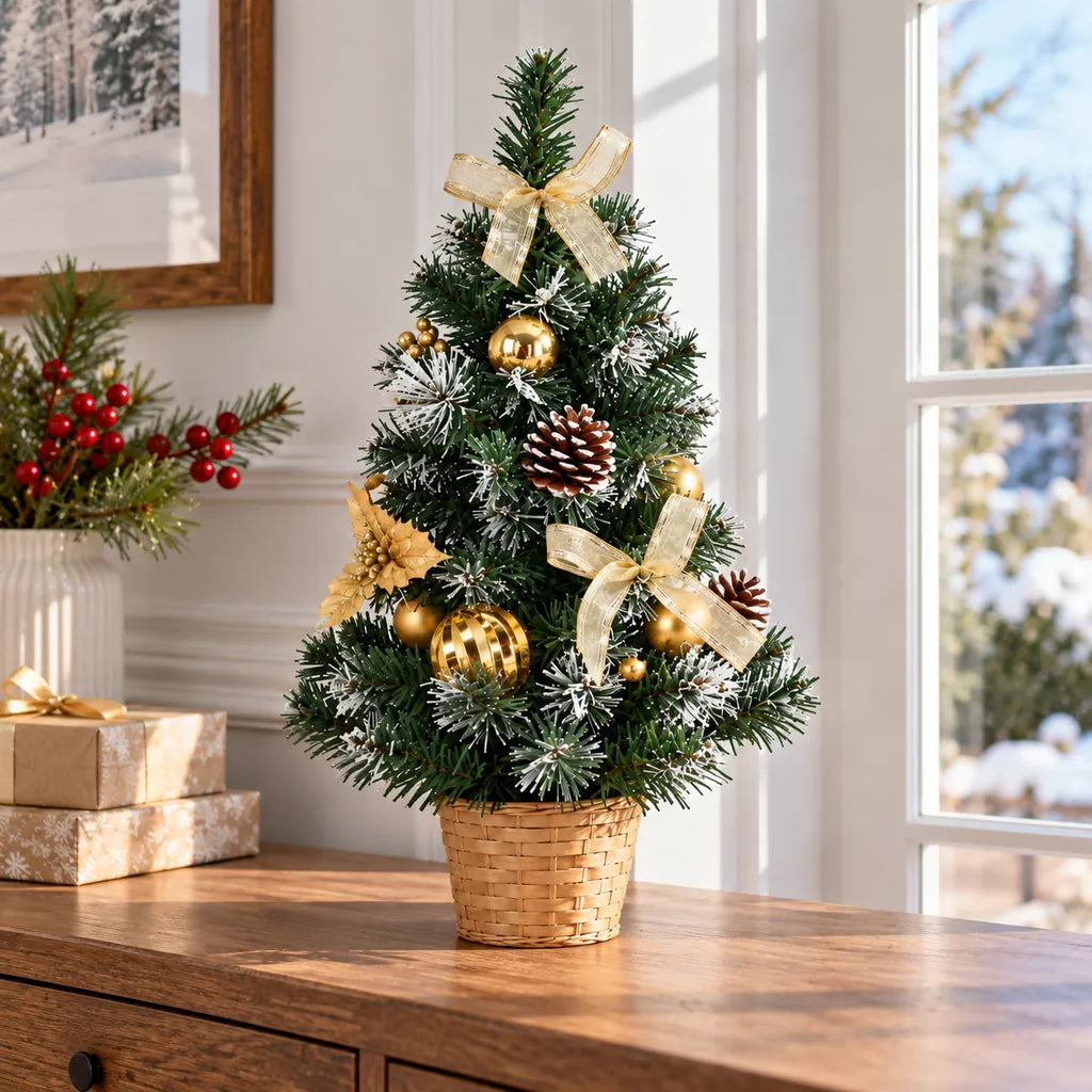 Brăduț Artificial de Crăciun cu Decorațiuni Aurii și Vârfuri Albe, Înălțime 50 cm - MAXY