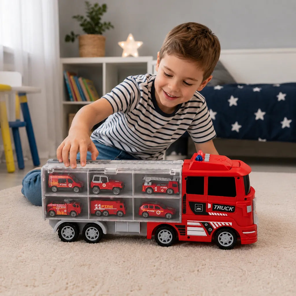 Set Camion Transportor cu 6 Masinute de Pompieri,TIR Truck 41 cm,3+ Ani - MAXY