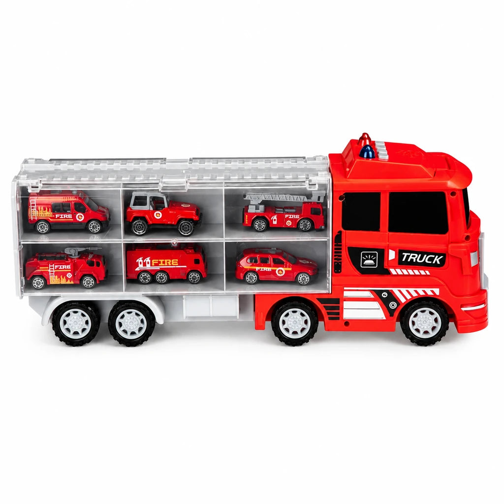 Set Camion Transportor cu 6 Masinute de Pompieri,TIR Truck 41 cm,3+ Ani - MAXY