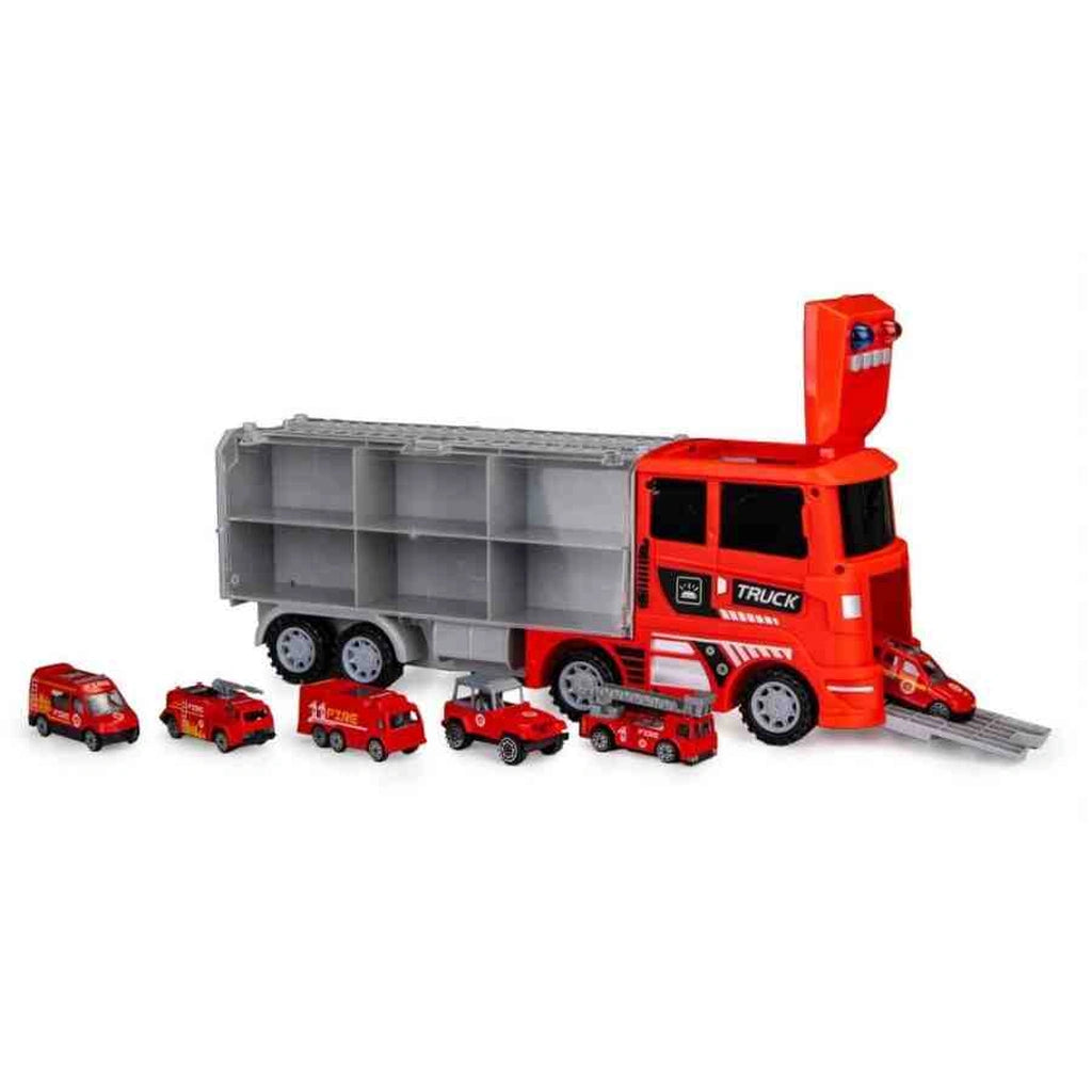 Set Camion Transportor cu 6 Masinute de Pompieri,TIR Truck 41 cm,3+ Ani - MAXY