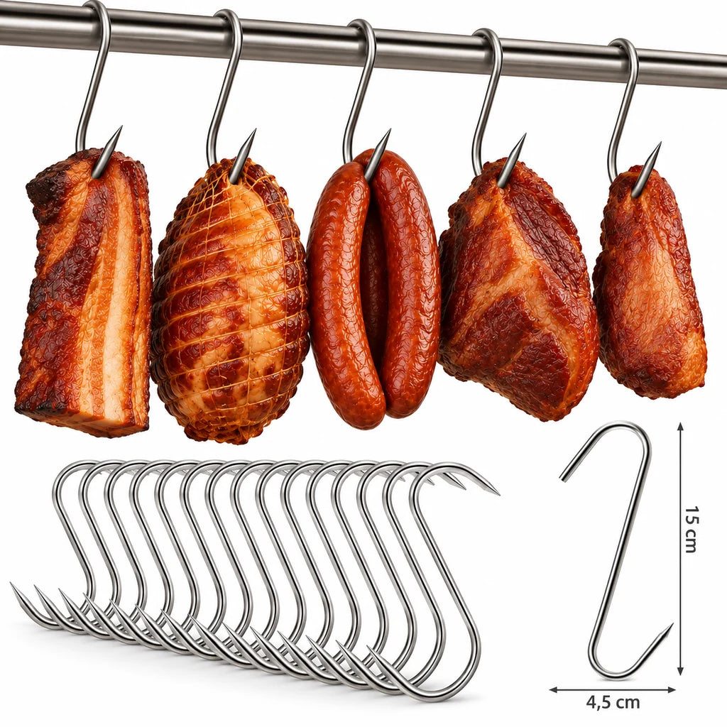 Set 15 Cârlige Pentru Afumat Din Oțel Inoxidabil, Formă S, 0,3 x 4,5 x 15 cm