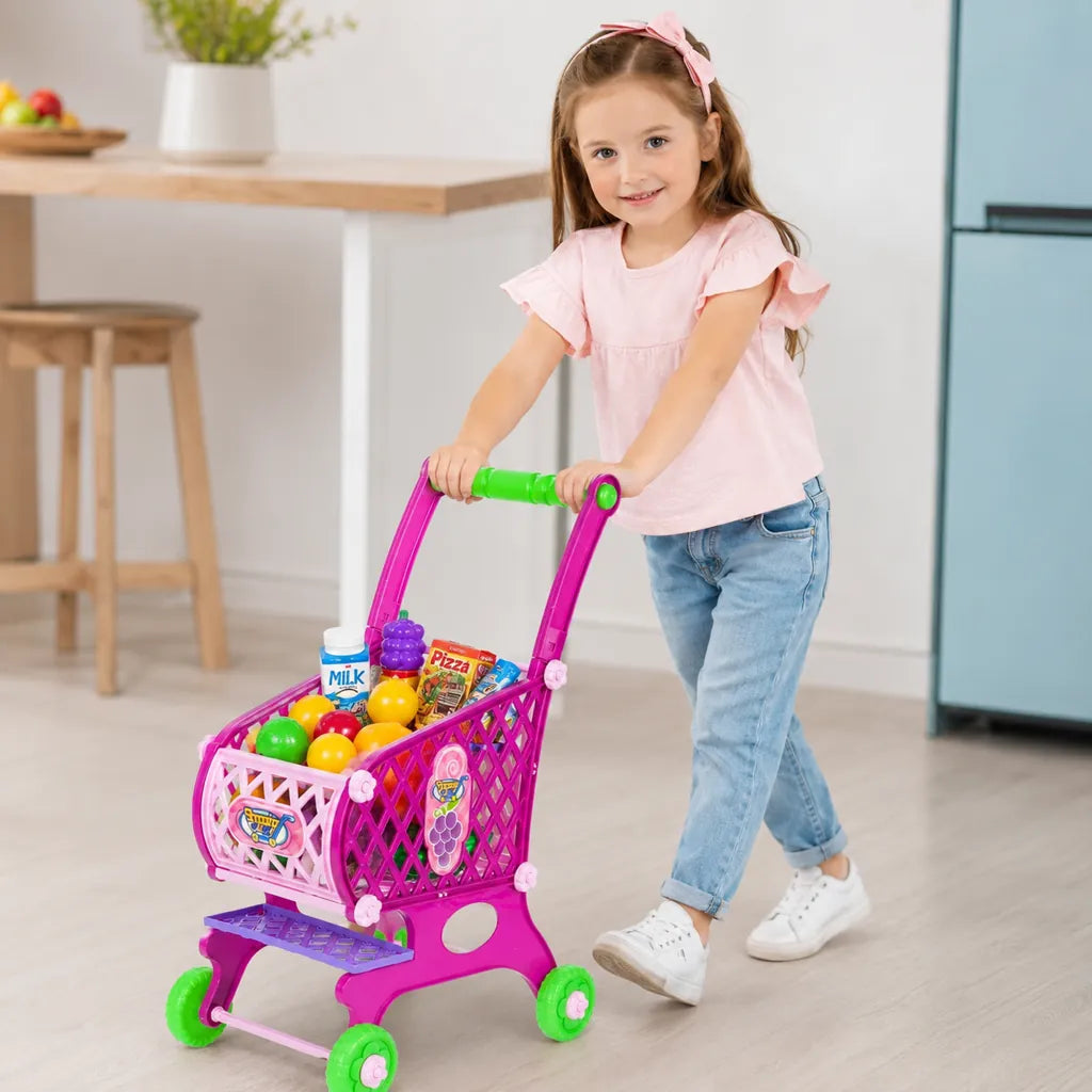 Cărucior de Cumpărături pentru Copii cu Accesorii, Roz, 18 Piese, 40x24.5x52cm - MAXY