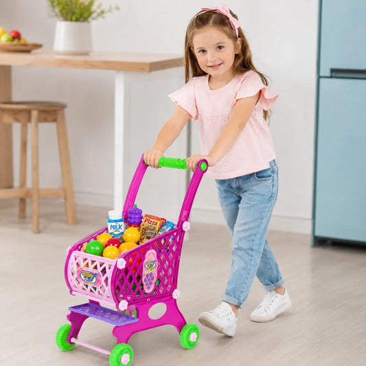 Cărucior de Cumpărături pentru Copii cu Accesorii, Roz, 18 Piese, 40x24.5x52cm - MAXY