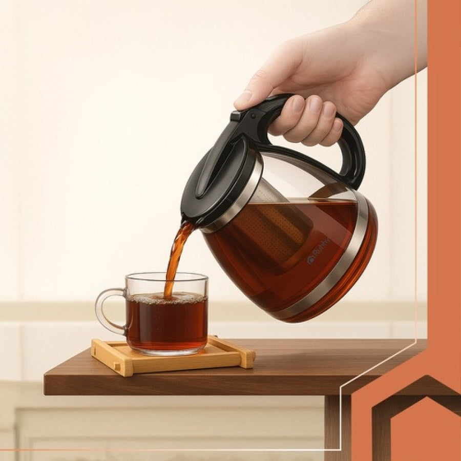 Ceainic Cu Infuzor, Capacitate 2 Litri, Infuzor Detașabil, Sticlă, Oțel Inoxidabil