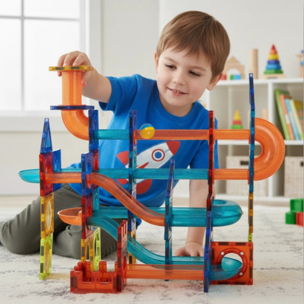 Set De Construcții Magnetice Cu Pistă Pentru Bile 3D, 96 Piese, Multicolor
