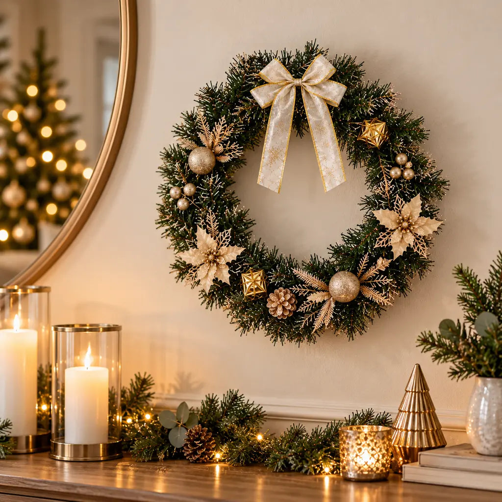 Coronița Artificială de Crăciun cu Decorațiuni, Culoare Șampanie, Diametru 40 cm - MAXY