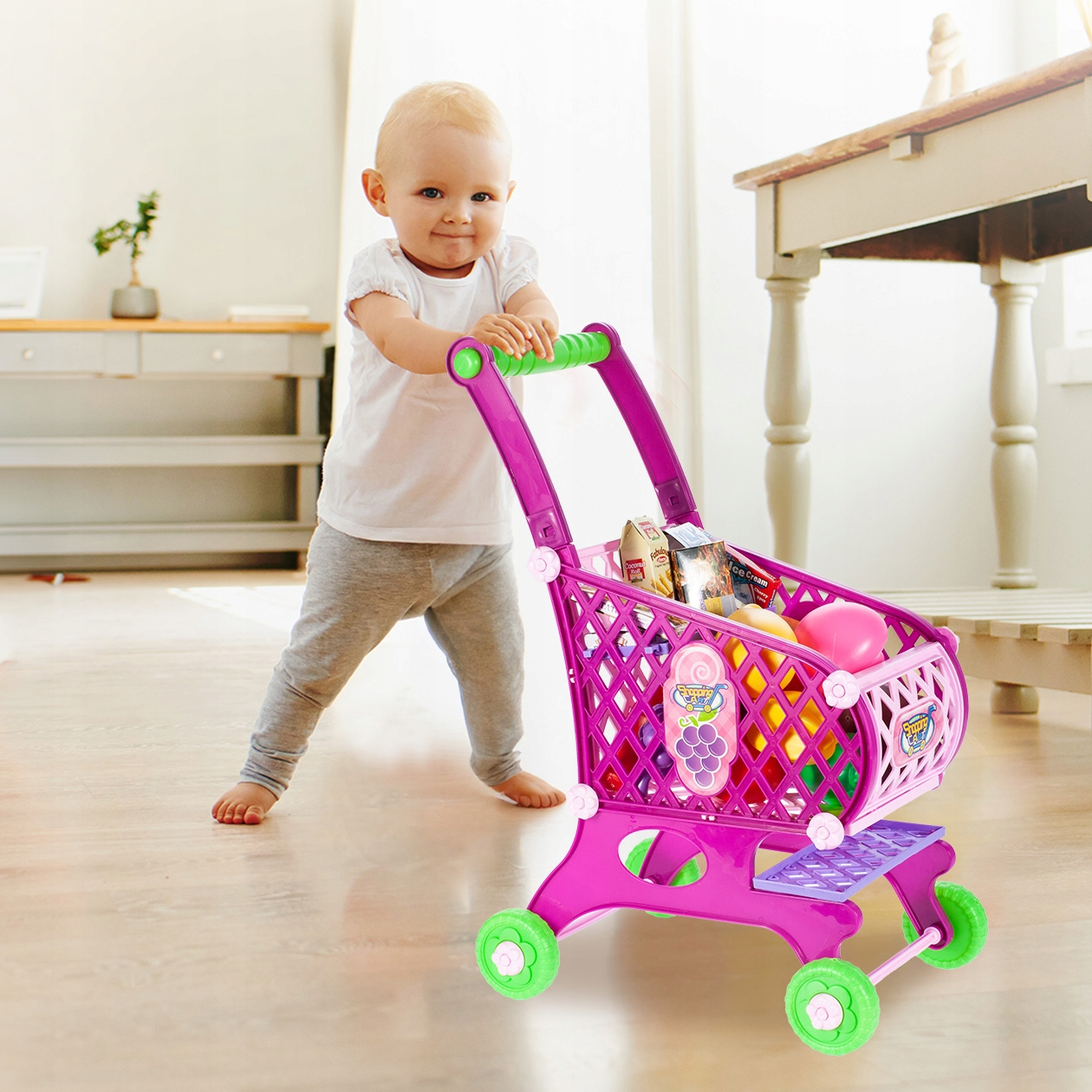 Cărucior de Cumpărături pentru Copii cu Accesorii, Roz, 18 Piese, 40x24.5x52cm - MAXY